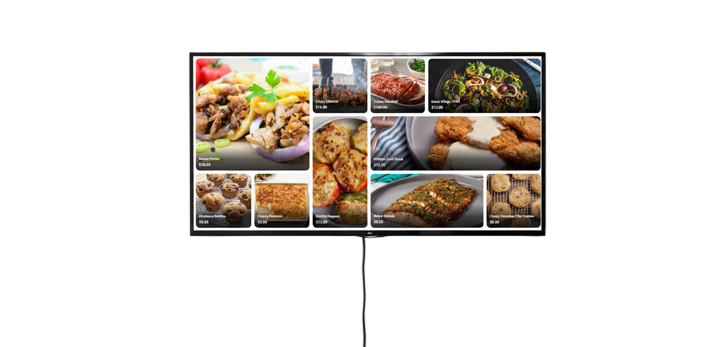 Menu displayed on large TV screen showing beautiful food items in a grid layout